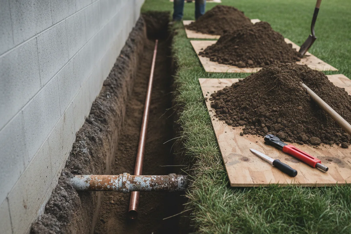Excavated water line trench during Water Heater Repair in Dover Afb